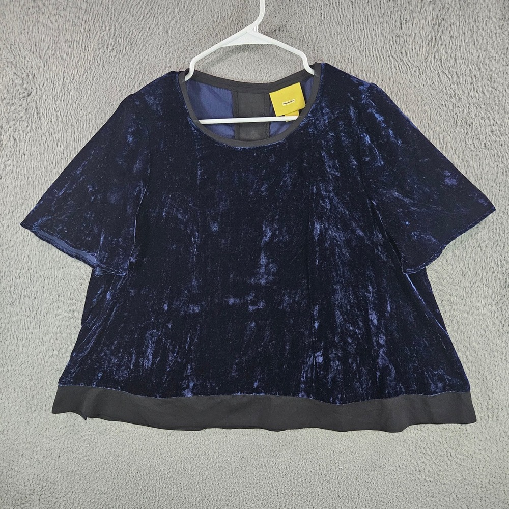 Maeve Anthropologie‎ Navy Blue Crushed Velvet Mixed Media Blouse Top Womens Sz M